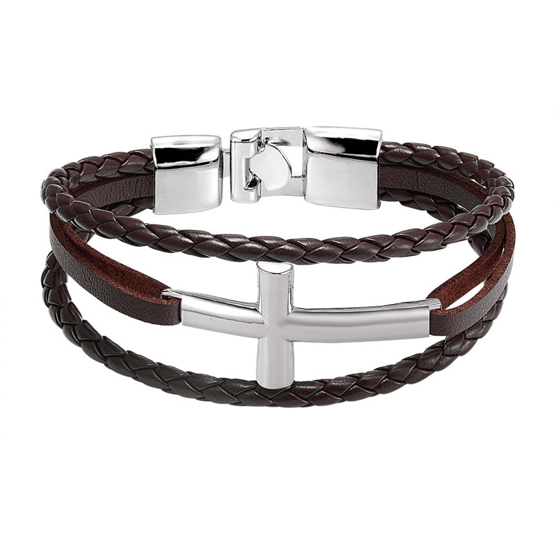 Silver Cross Leather Bracelet (Different colours available)